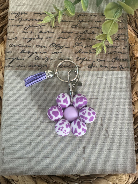 Purple Cow Beaded Flower Keychain