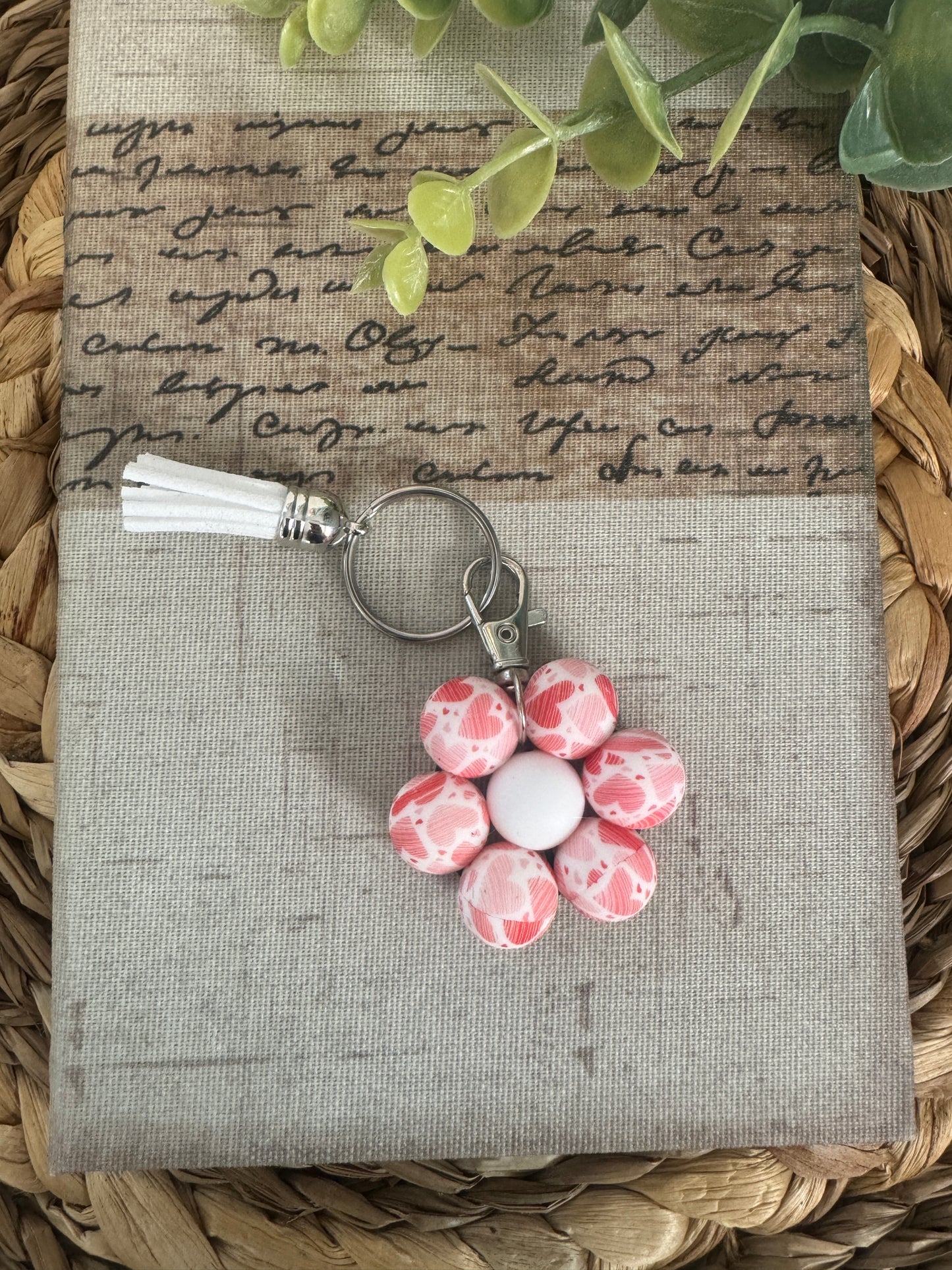 Hearts Beaded Flower Keychain