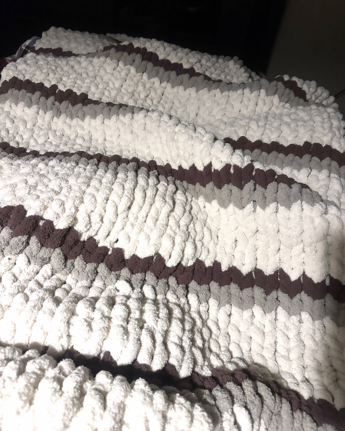 Cream, Grey & Plum Hand Made Chunky Knit Blanket