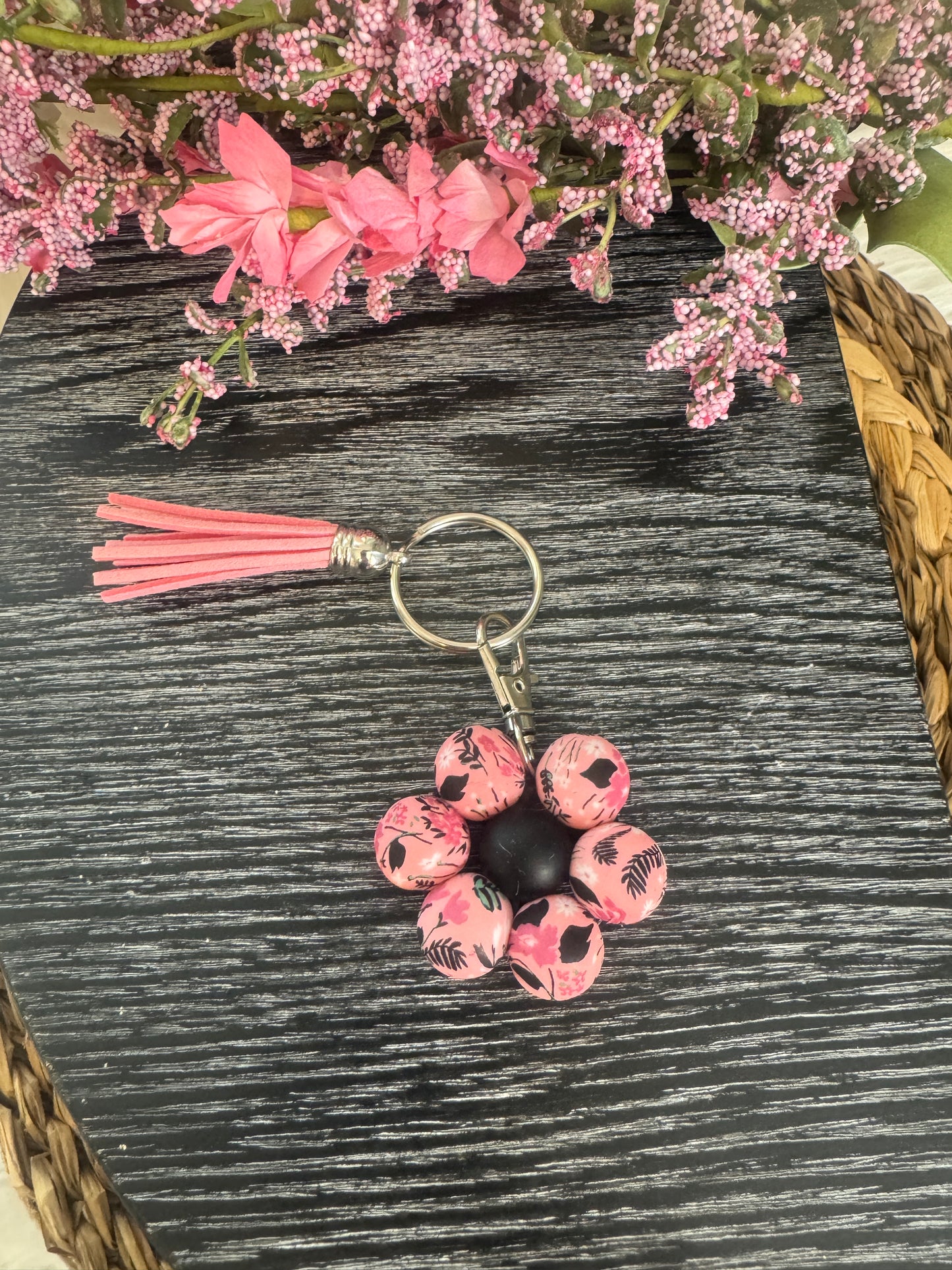 Pink Beaded Flower Keychain