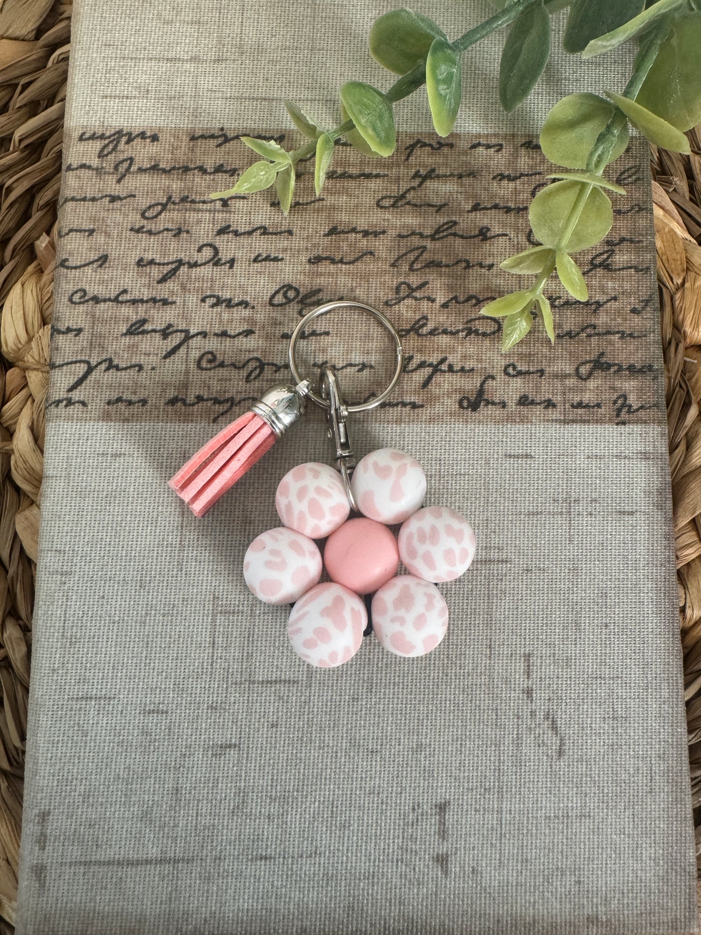 Pink Cow Beaded Flower Keychain