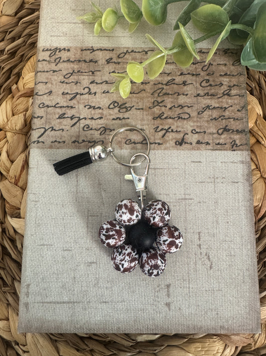 Brown Cow Beaded Flower Keychain