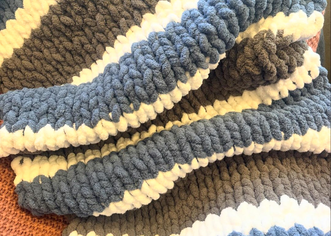 White, Dark Grey & Blue Hand Made Chunky Knit Blanket