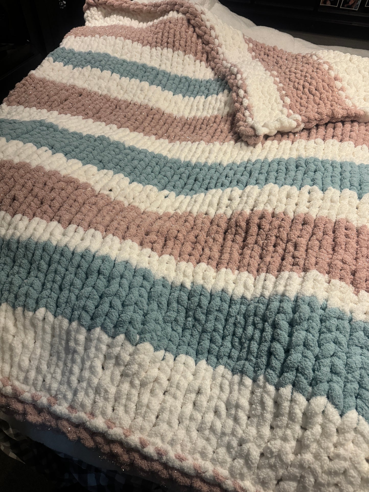 Pink, White & Teal Hand Made Chunky Knit Blanket