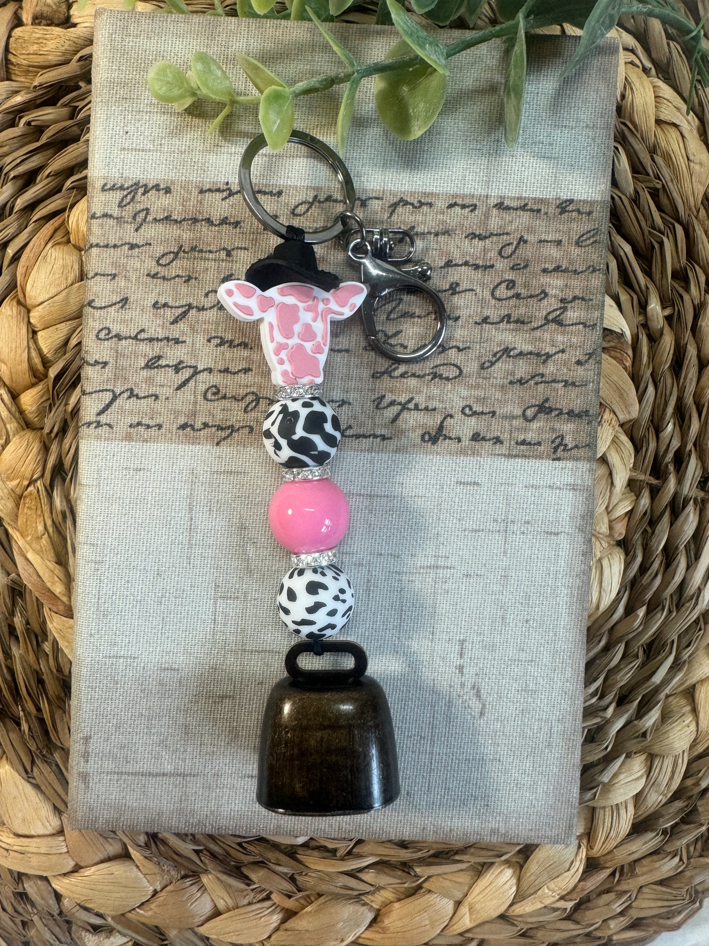 Pink Cow Rustic Bell Keychain