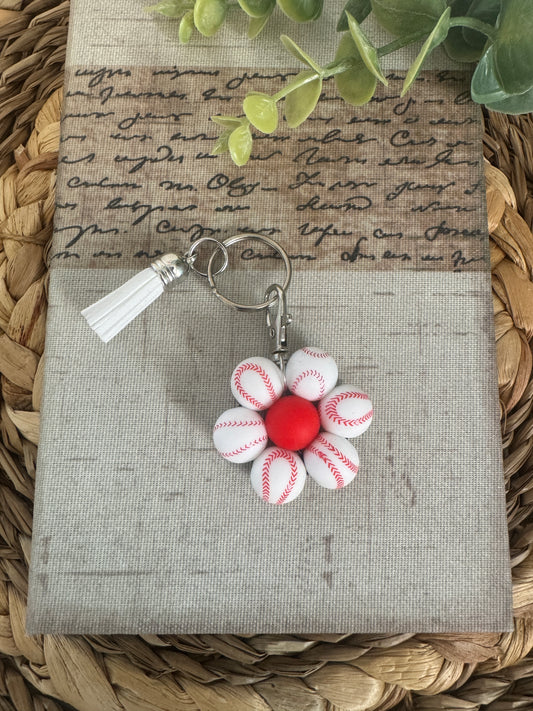 Baseball Beaded Flower Keychain