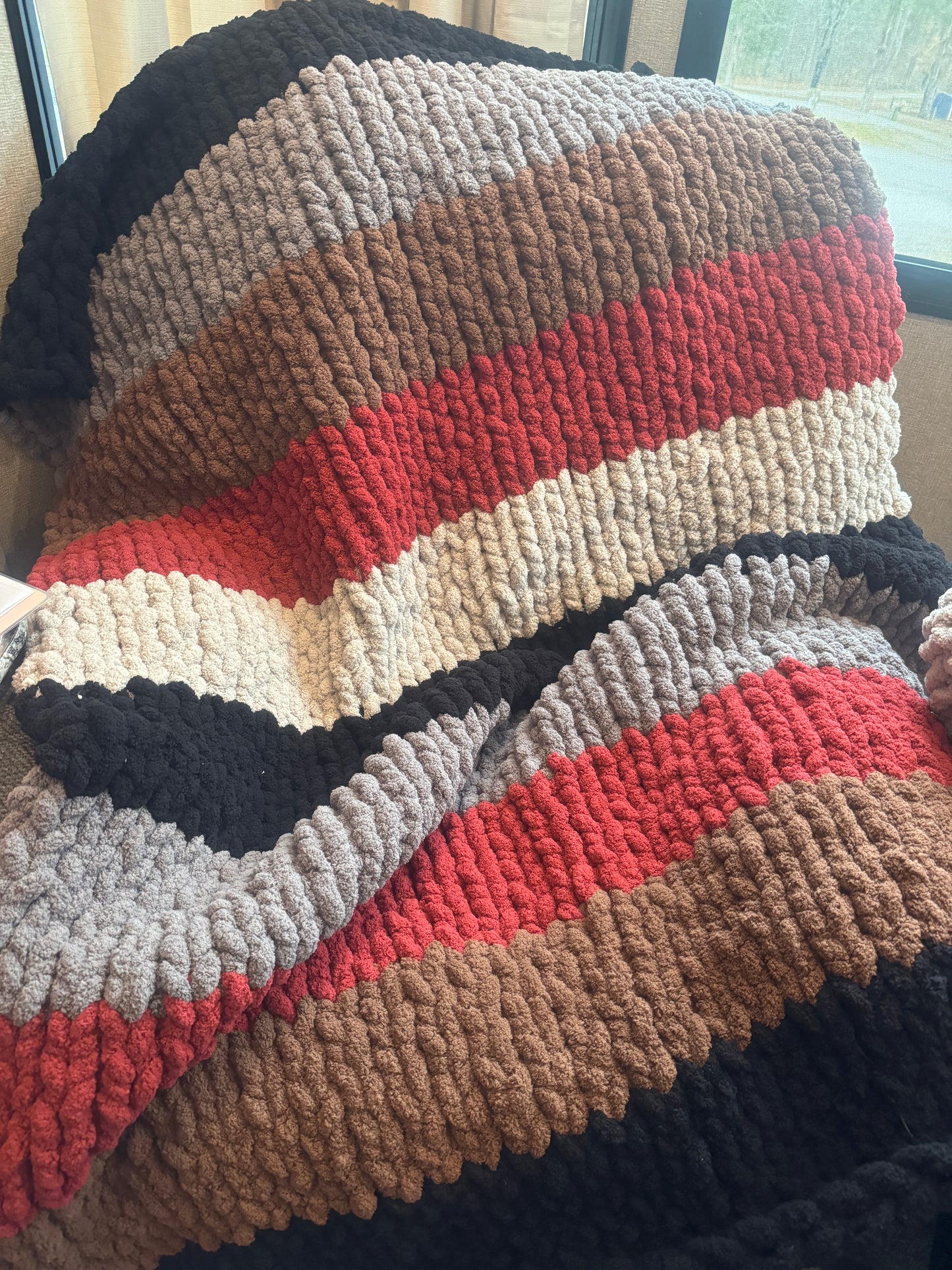 Red, Grey, Brown, Cream & Black Hand Made Chunky Knit Blanket