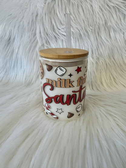 Milk With Santa Snow Globe 15oz Glass Can With Handle