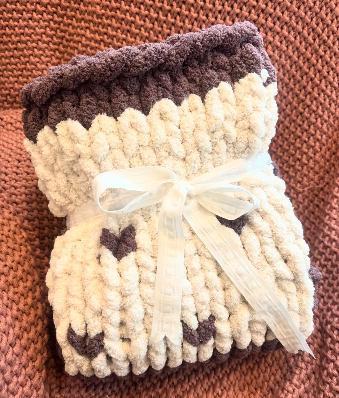 Cream & Plum Hand Made Chunky Knit Blanket