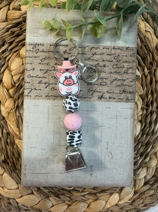 Cow Girl Cow Rustic Bell Keychain