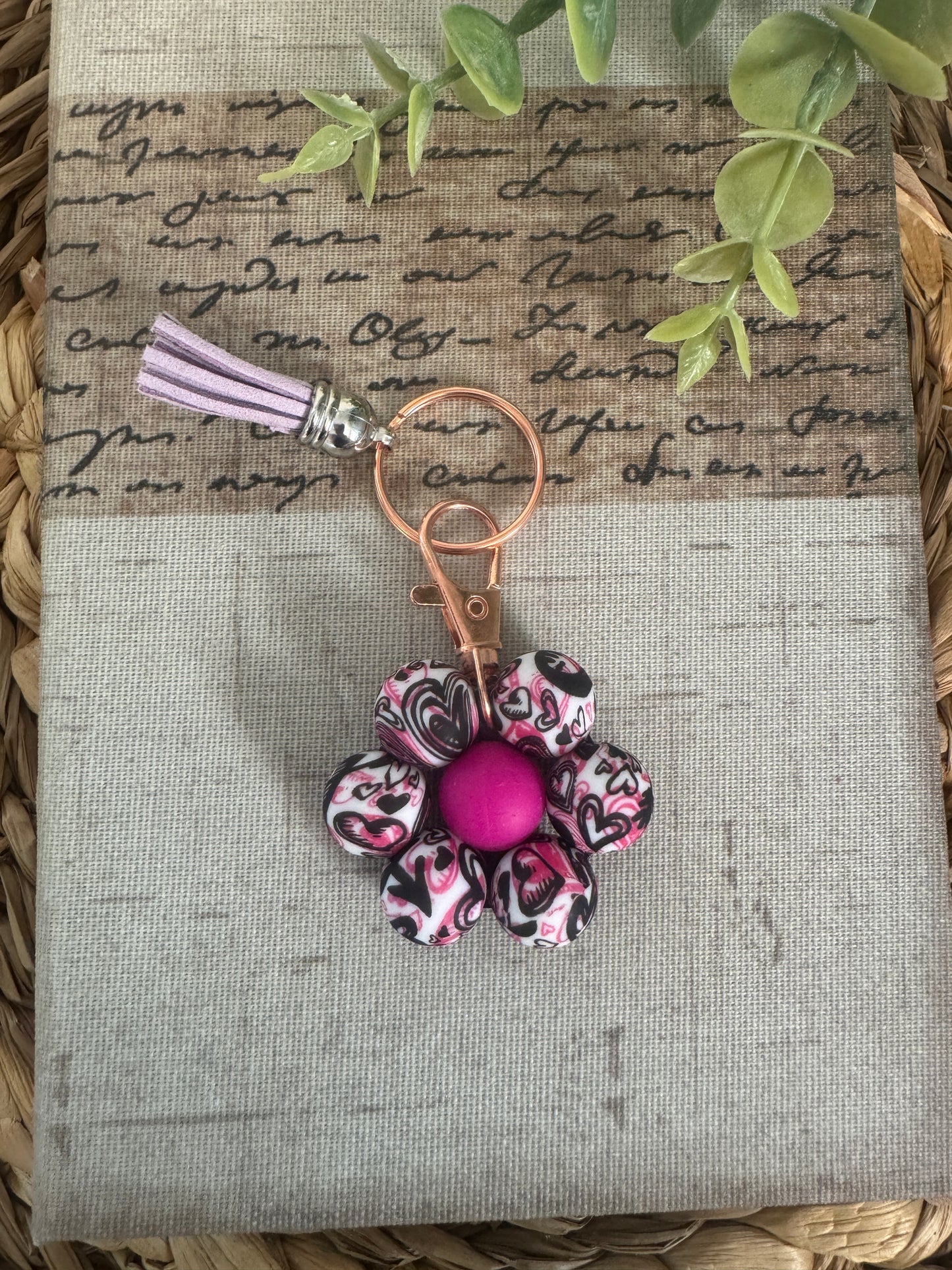 Hearts Beaded Flower Keychain