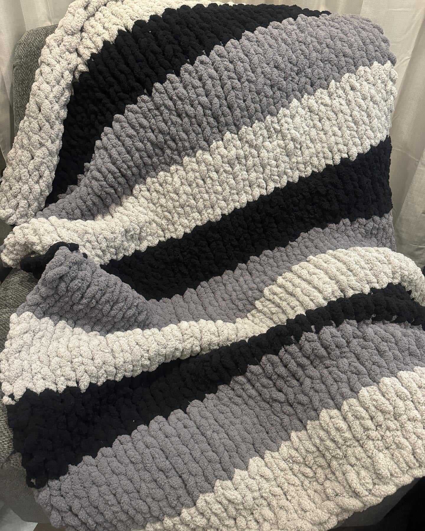 Light Grey, Dark Grey & Black Hand Made Chunky Knit Blanket